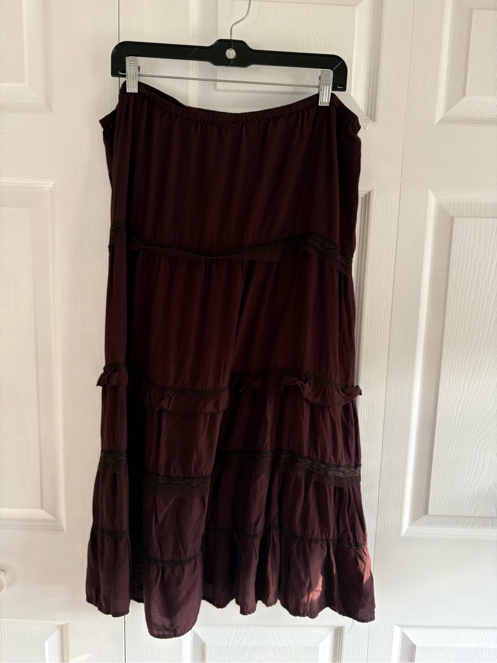 VNTG White Stag Chocolate Brown Tiered Lace Maxi Skirt Witch Boho Hippie L Gypsy